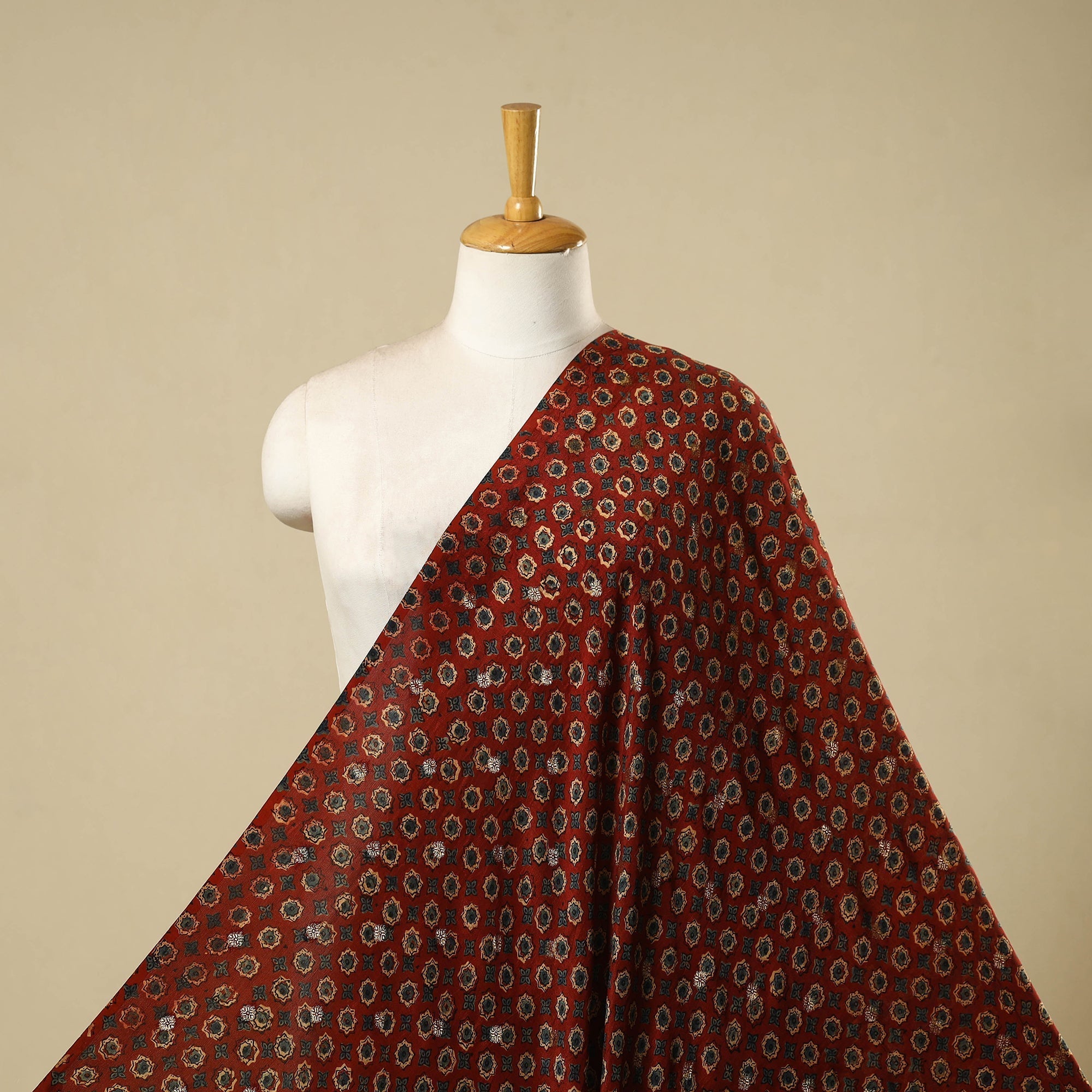 Red Block Print Natural Dyed Dola Silk Jacquard Buti Ajrakh Fabric