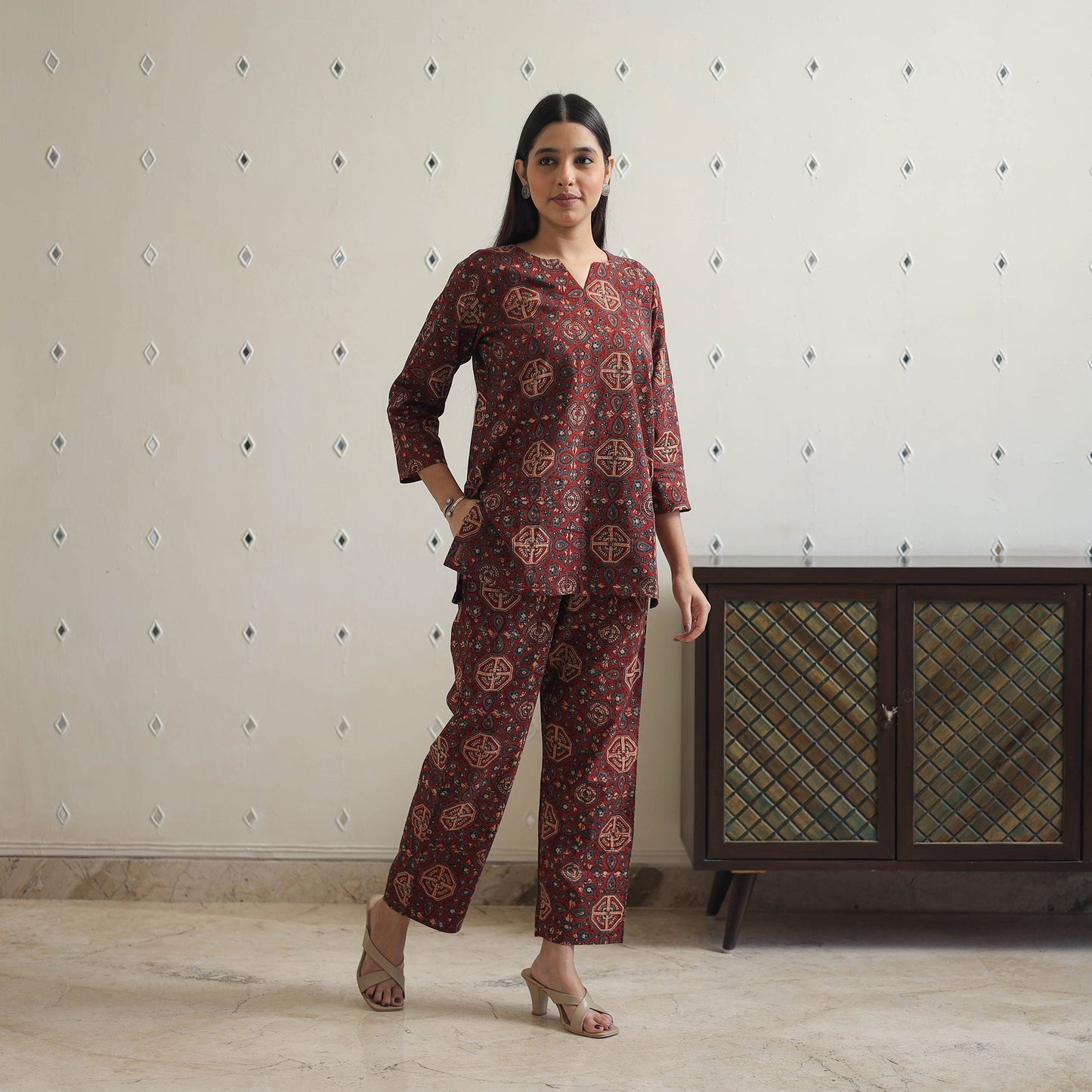 Red - printed cotton co-ord set 01 - handcrafted