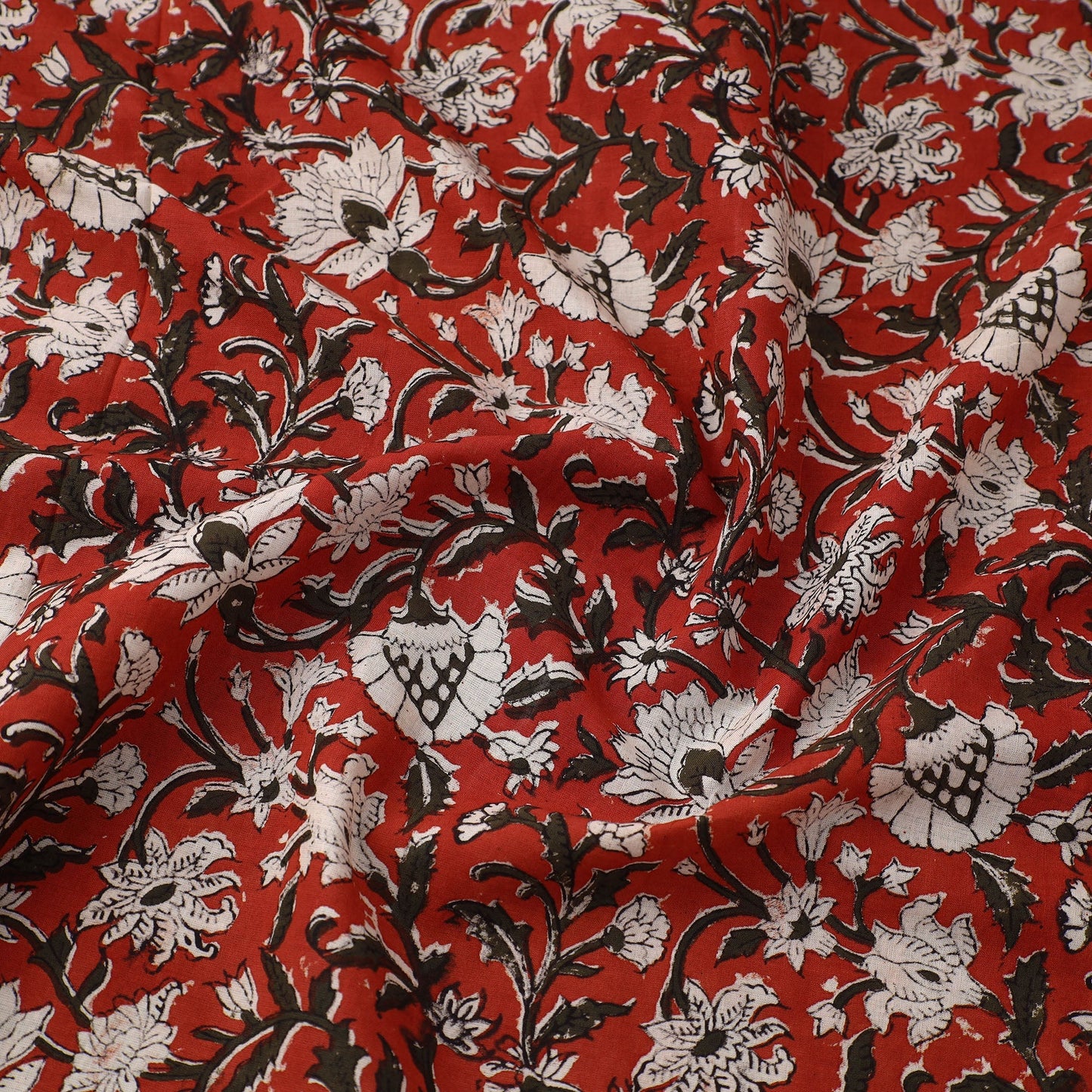 Red Block Printed Cotton Bagru Kalamkari Fabric