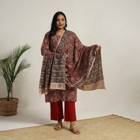 Red - printed cotton kalamkari kurta set 20 - handcrafted