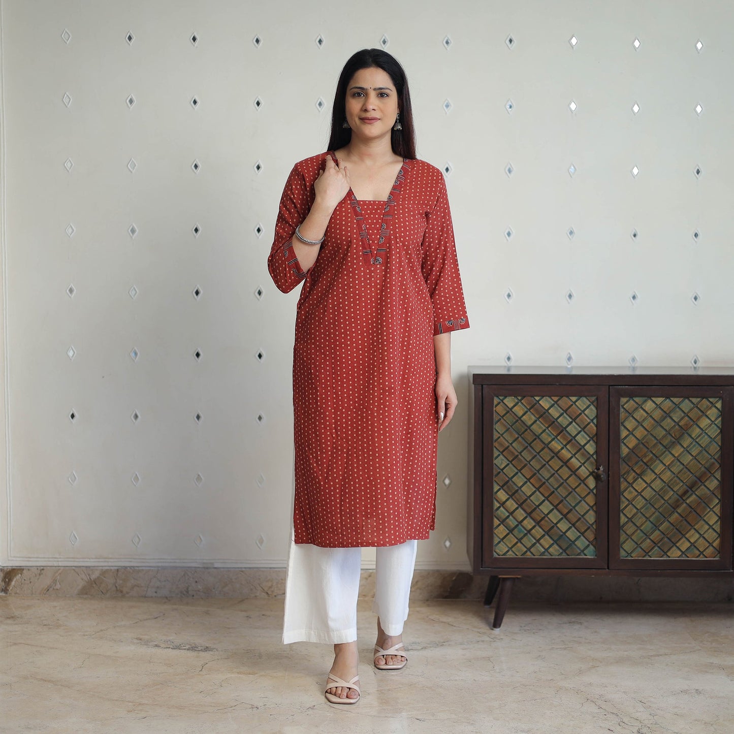 Shop Red Block Printed Cotton Straight Ajrakh Kurta Online