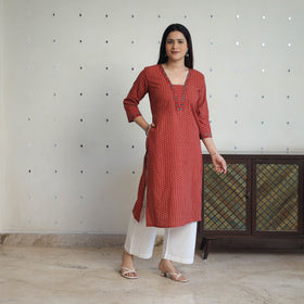 Shop Red Block Printed Cotton Straight Ajrakh Kurta Online