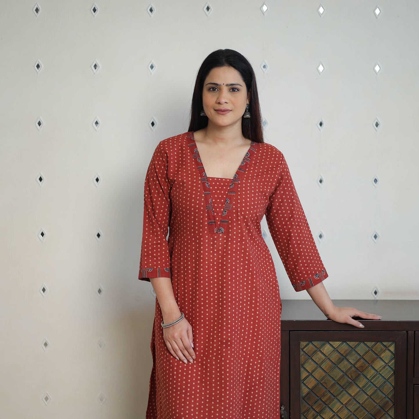 Shop Red Block Printed Cotton Straight Ajrakh Kurta Online