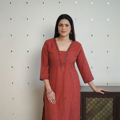 Shop Red Block Printed Cotton Straight Ajrakh Kurta Online
