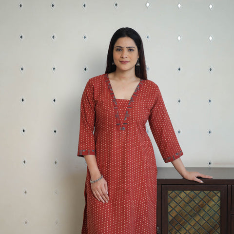 Shop Red Block Printed Cotton Straight Ajrakh Kurta Online