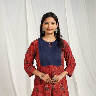  Red Block Printed Cotton Straight Ajrakh Kurta for Women