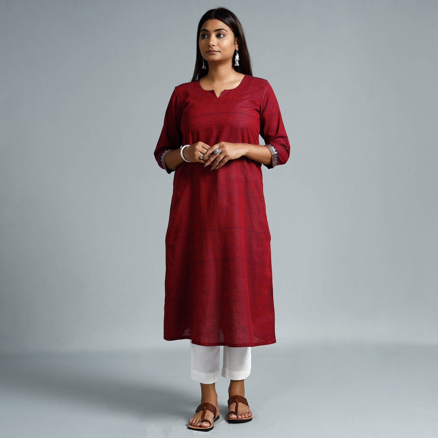 Red & blue dharwad cotton long kurta - handcrafted