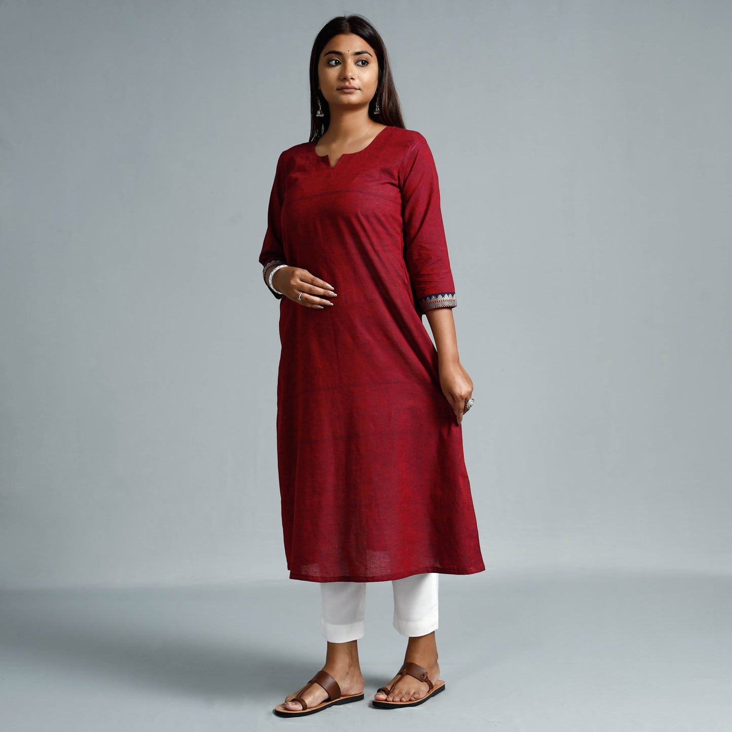 Red & blue dharwad cotton long kurta - handcrafted
