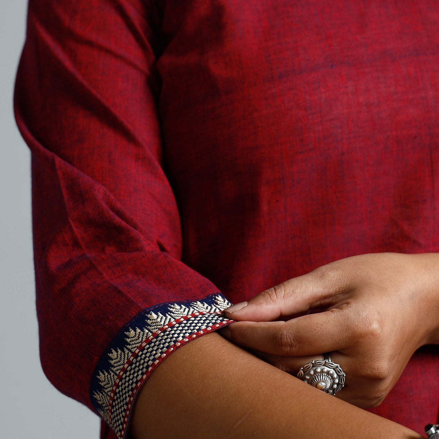 Red & blue dharwad cotton long kurta - handcrafted