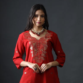 Red & blue phulia jamdani silk kurta with palazzo dupatta