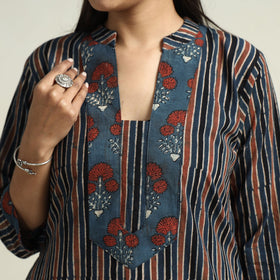 Red & Blue Stripes Ajrakh Block Printed Cotton Straight Kurta with Patch