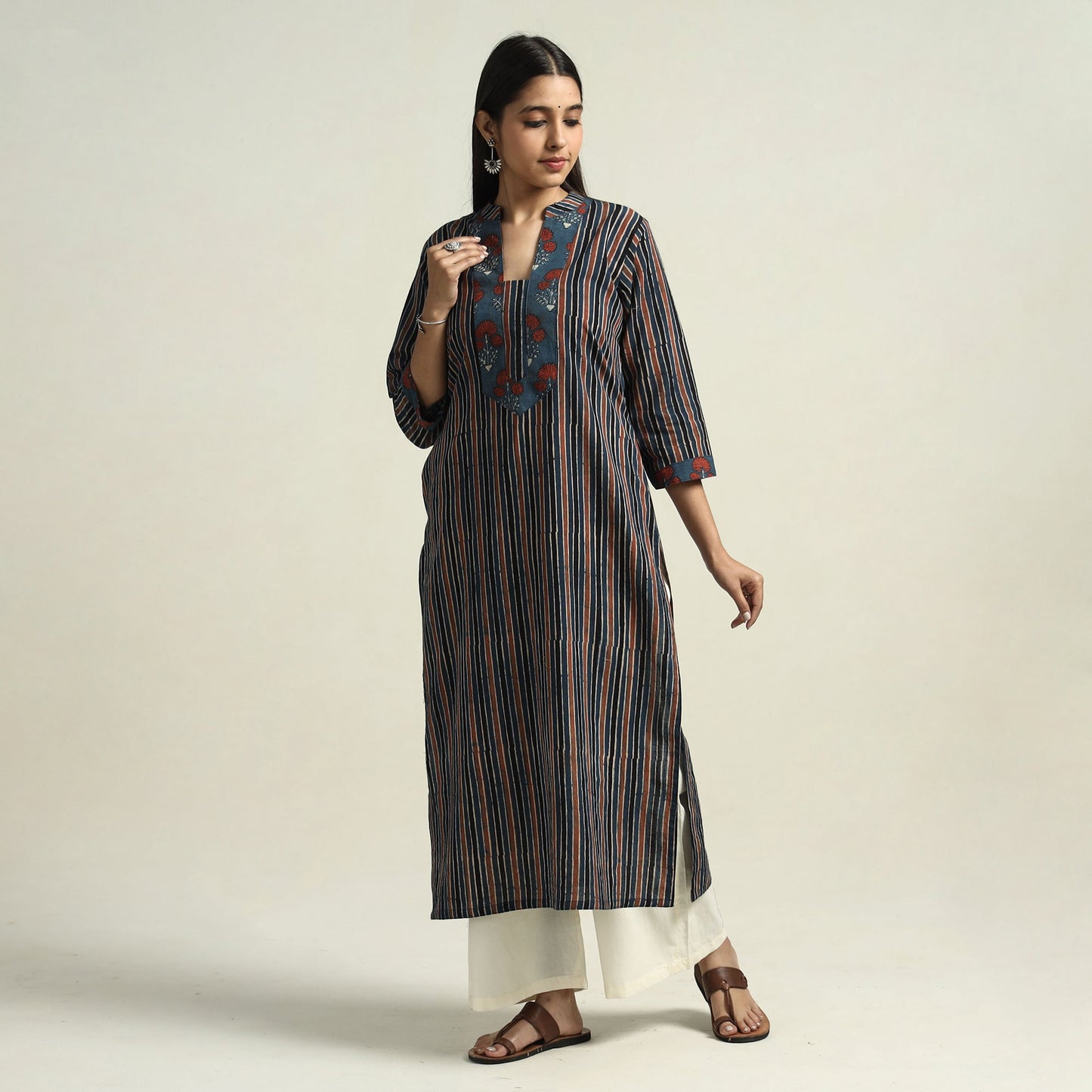 Red & Blue Stripes Ajrakh Block Printed Cotton Straight Kurta with Patch