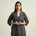 Red & Blue Stripes Ajrakh Block Printed Cotton Straight Kurta with Patch