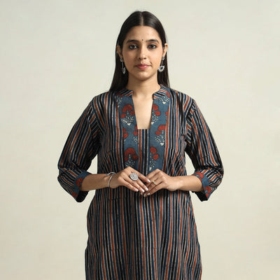 Red & Blue Stripes Ajrakh Block Printed Cotton Straight Kurta with Patch