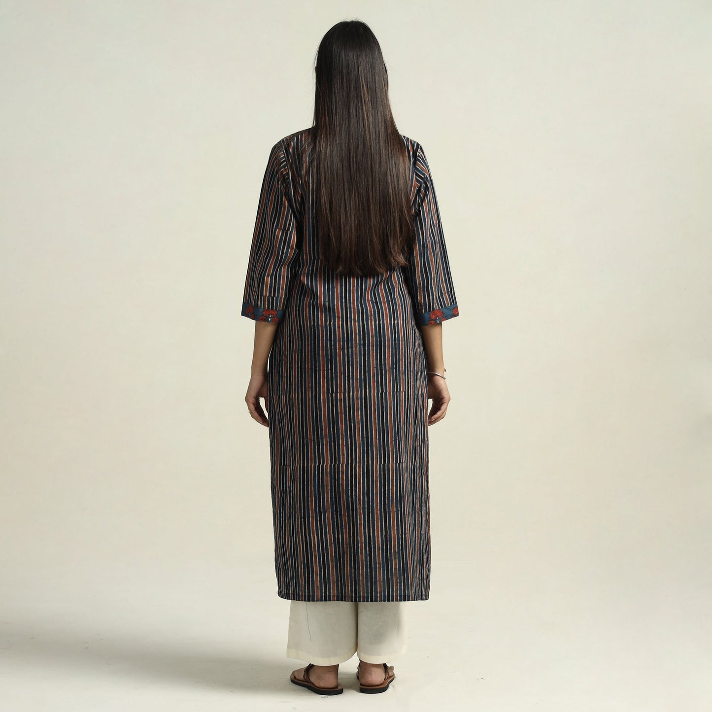 Red & Blue Stripes Ajrakh Block Printed Cotton Straight Kurta with Patch