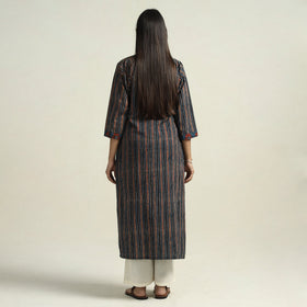 Red & Blue Stripes Ajrakh Block Printed Cotton Straight Kurta with Patch