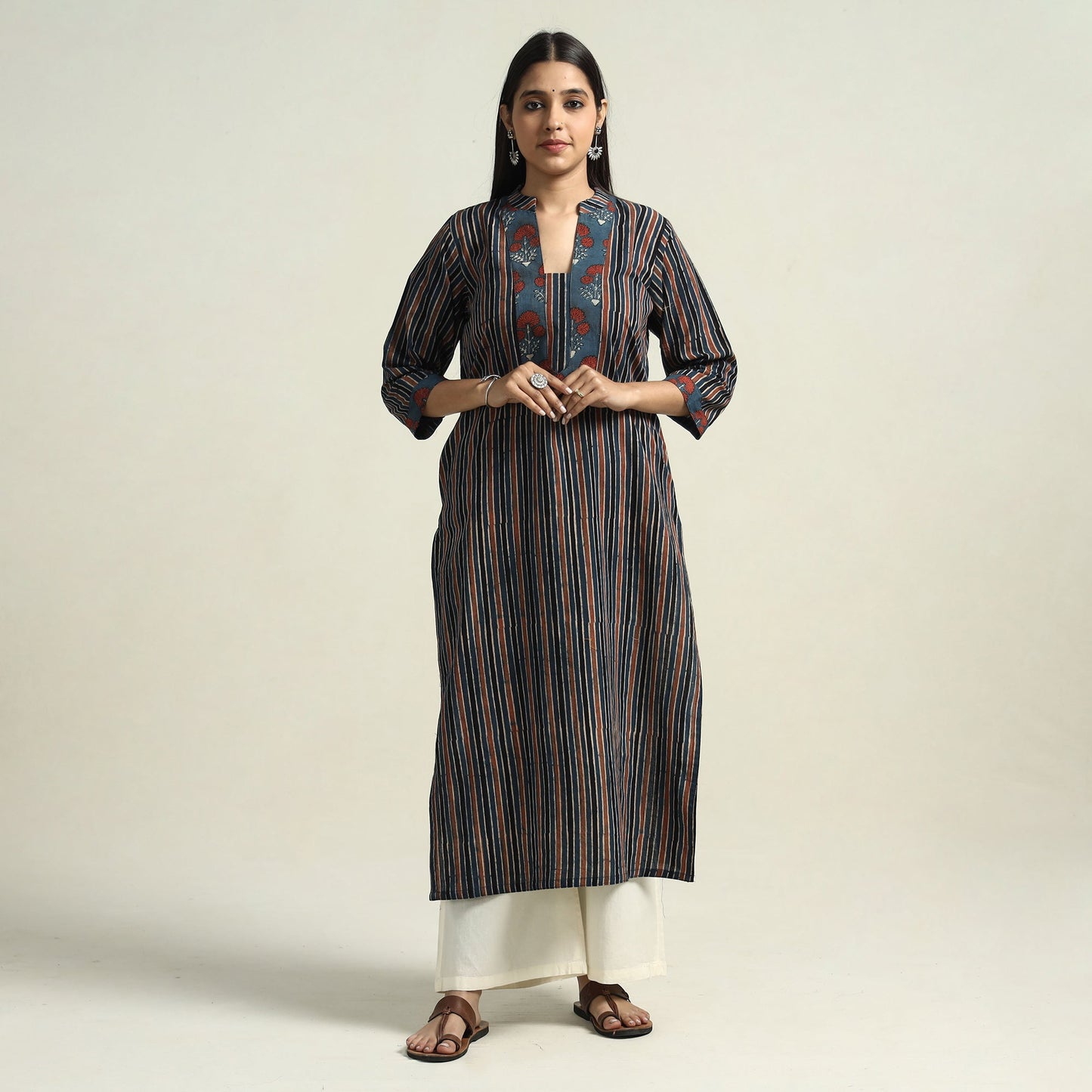 Red & Blue Stripes Ajrakh Block Printed Cotton Straight Kurta with Patch