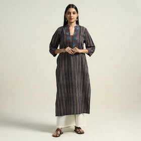 Red & Blue Stripes Ajrakh Block Printed Cotton Straight Kurta with Patch