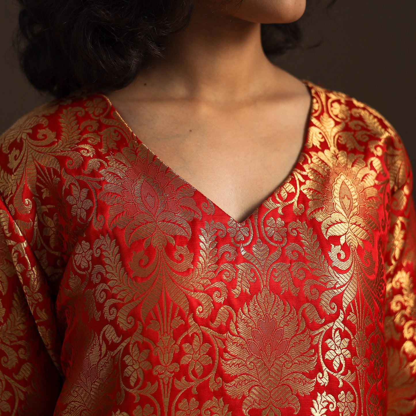 Red - brocade silk a-line banarasi kurta 03 - handcrafted