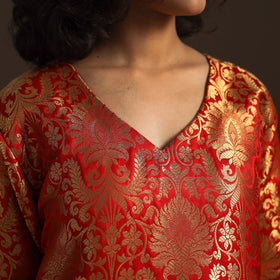 Red - brocade silk a-line banarasi kurta 03 - handcrafted
