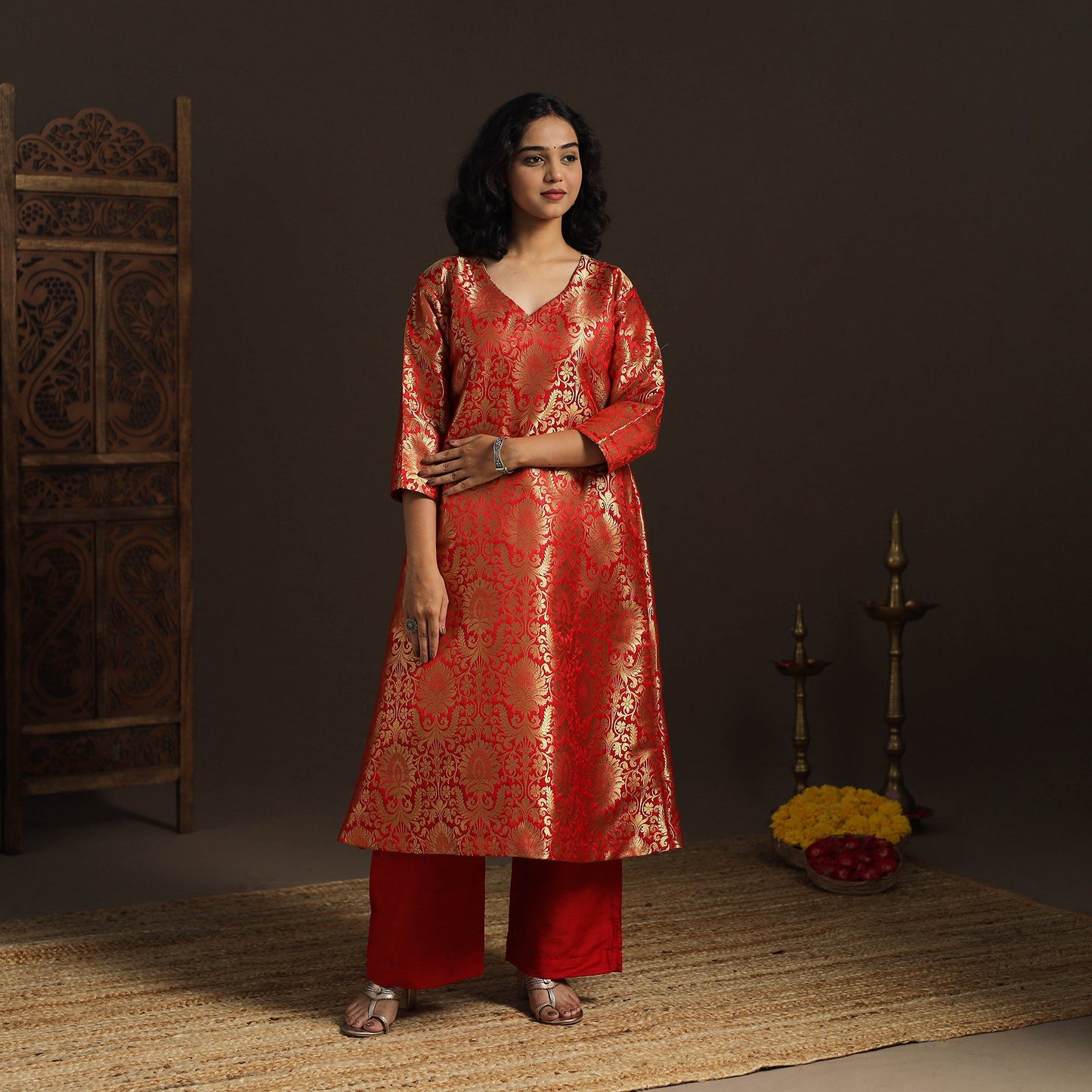 Red - brocade silk a-line banarasi kurta 03 - handcrafted