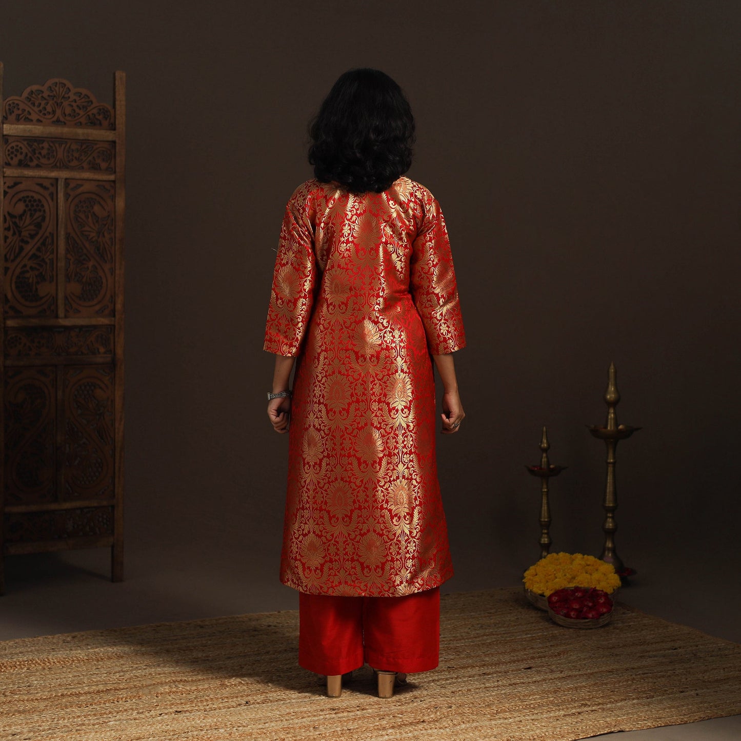 Red - brocade silk a-line banarasi kurta 03 - handcrafted