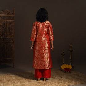 Red - brocade silk a-line banarasi kurta 03 - handcrafted