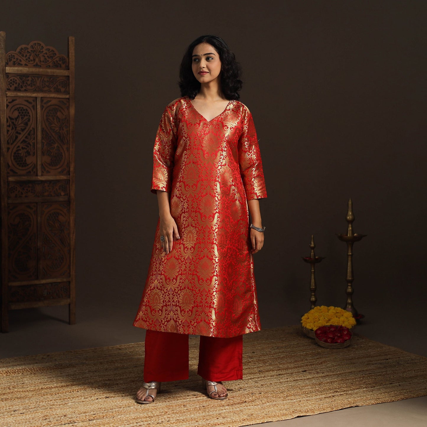 Red - brocade silk a-line banarasi kurta 03 - handcrafted
