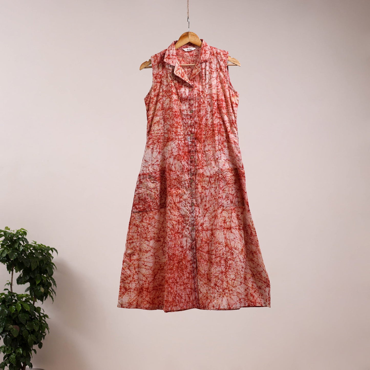 Red - button down cotton batik dress 04 - handcrafted