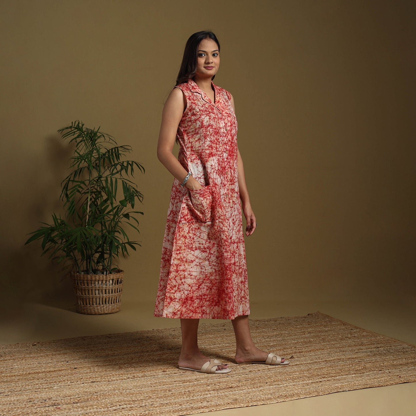 Red - button down cotton batik dress 04 - handcrafted