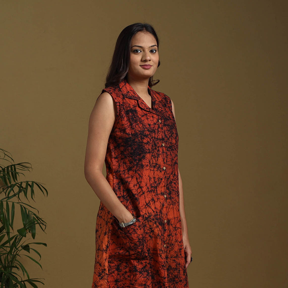 Red - button down cotton batik dress 06 - handcrafted