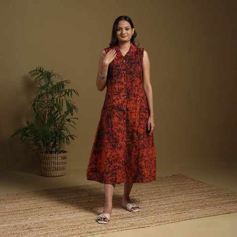 Red - button down cotton batik dress 06 - handcrafted