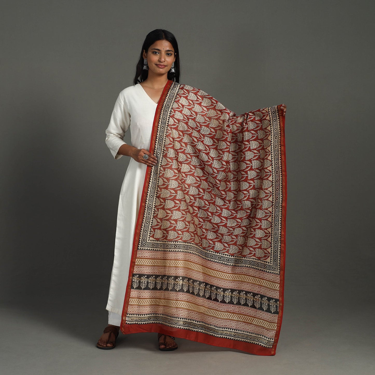 Buy Red Block Print Chanderi Silk Bagru Dupatta