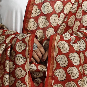  Red Chanderi Silk Bagru Print Dupatta with Zari Border 