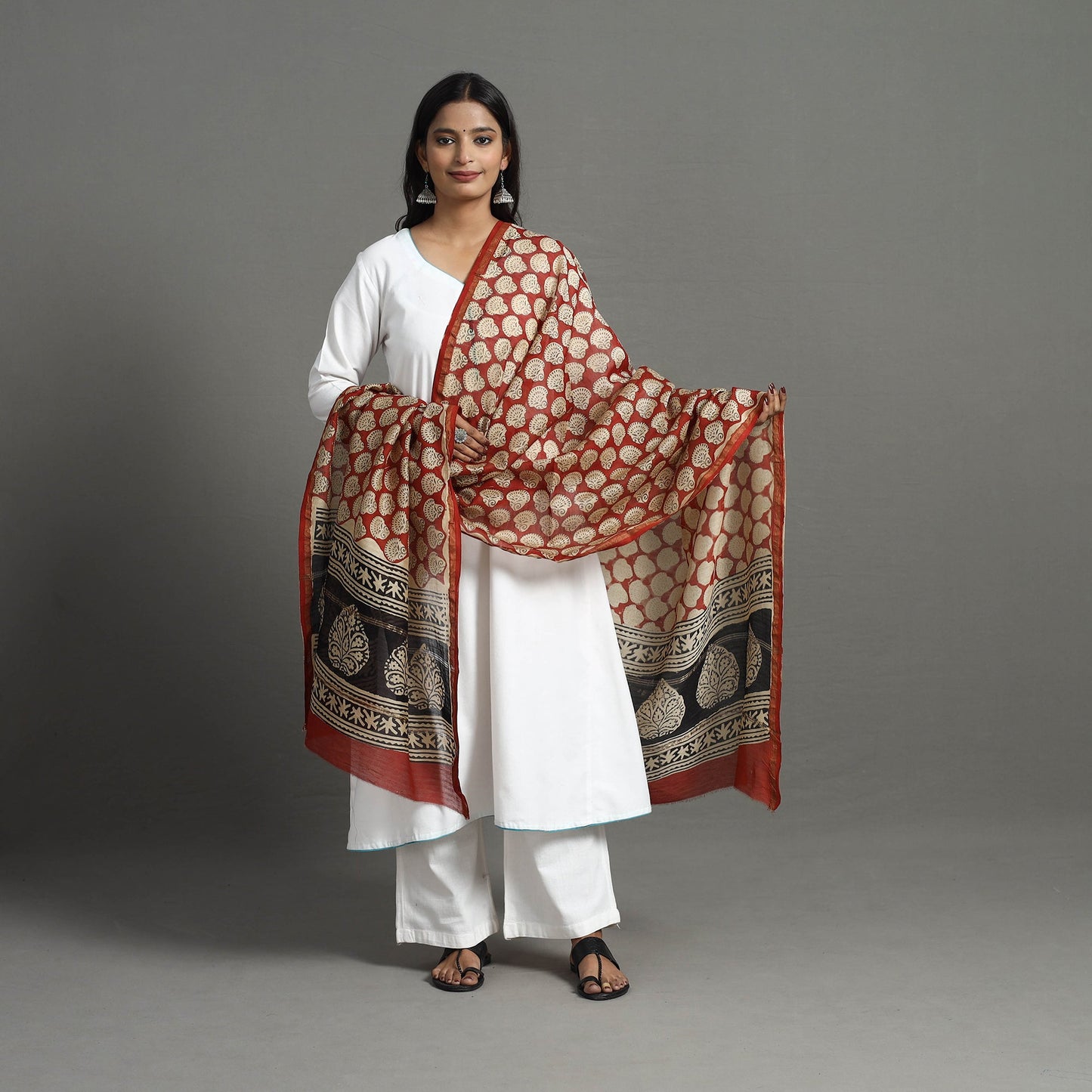  Red Chanderi Silk Bagru Print Dupatta with Zari Border 