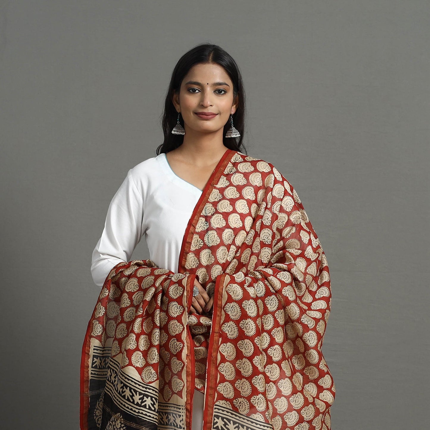 Red Chanderi Silk Bagru Print Dupatta with Zari Border 