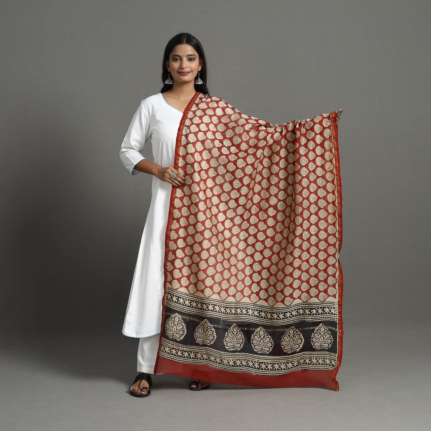  Red Chanderi Silk Bagru Print Dupatta with Zari Border 
