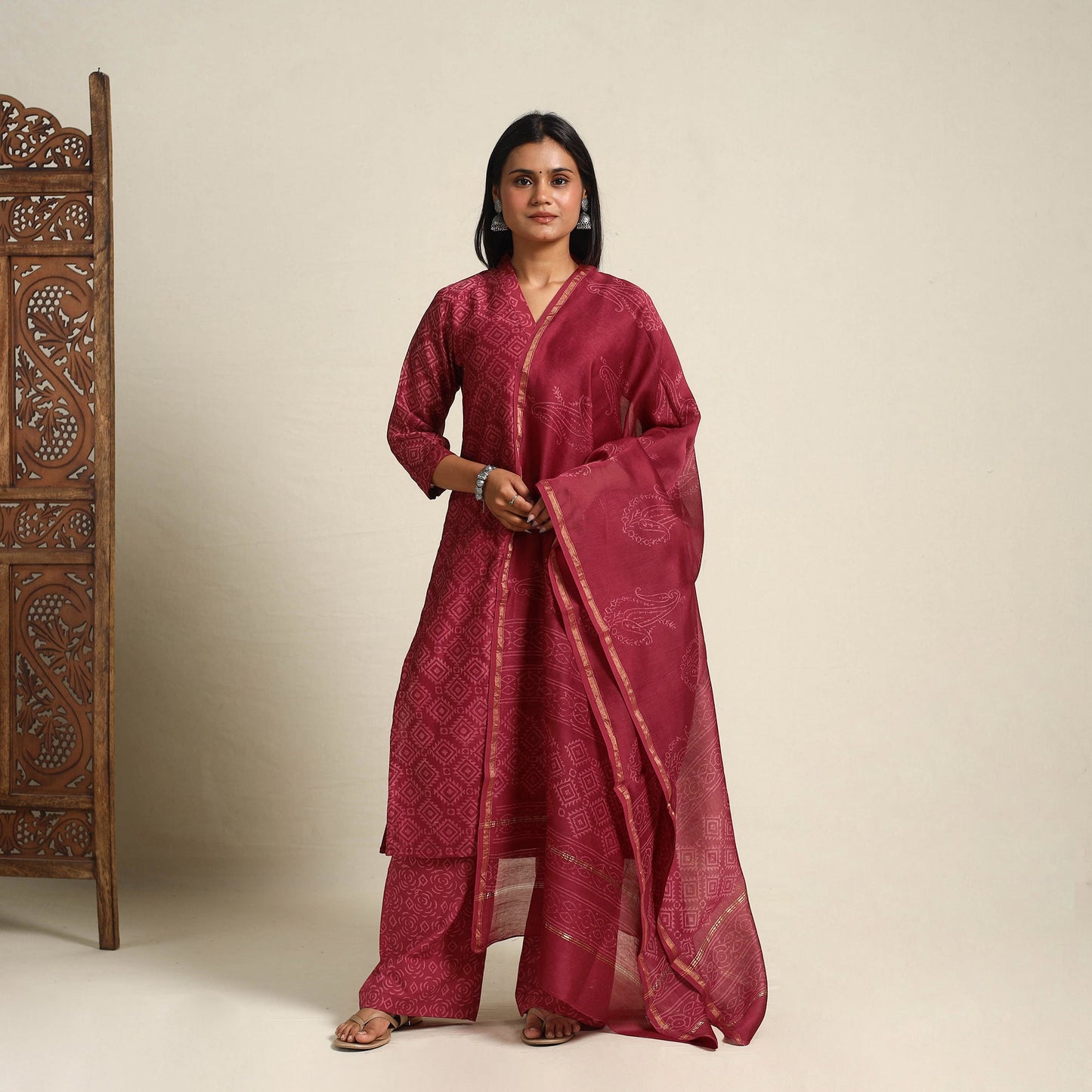  Red Chanderi Silk Bagru Print Kurta Set