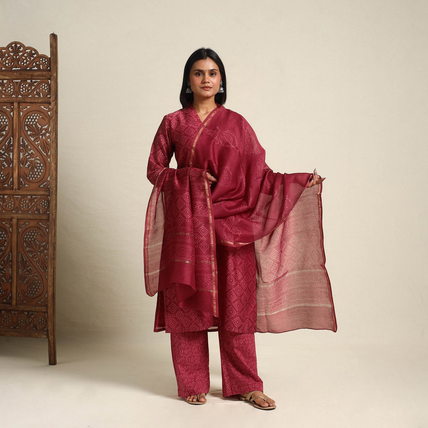  Red Chanderi Silk Bagru Print Kurta Set