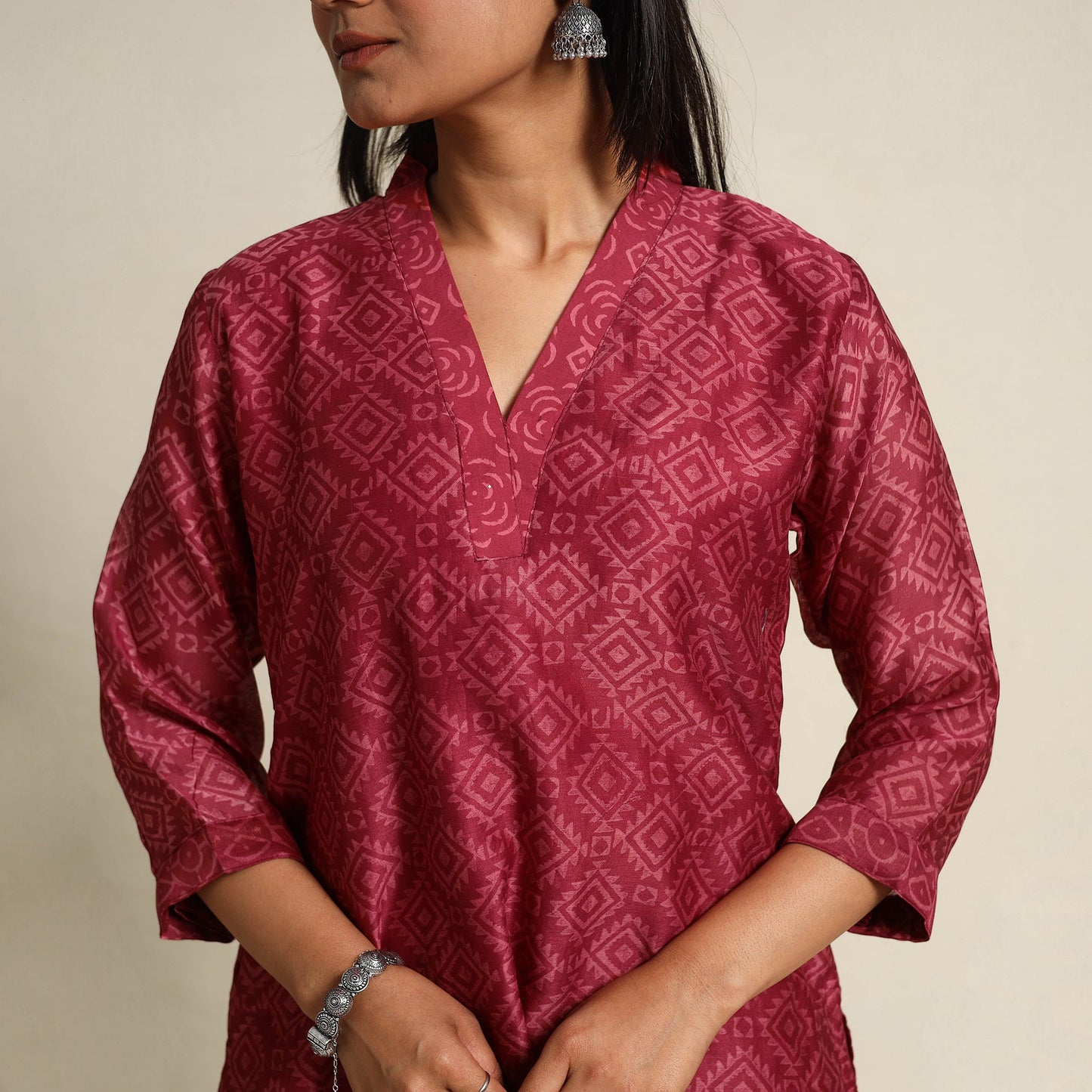  Red Chanderi Silk Bagru Print Kurta Set