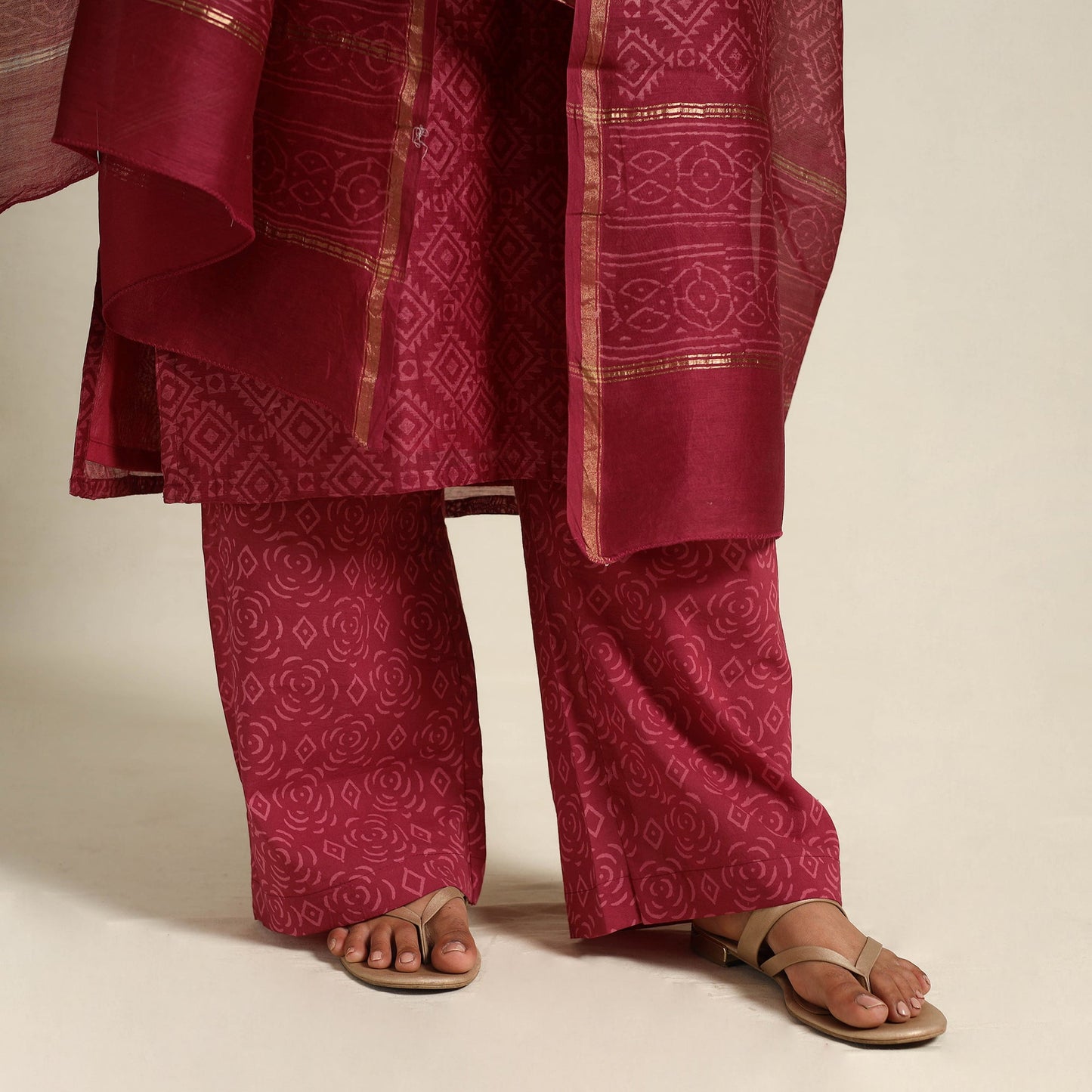  Red Chanderi Silk Bagru Print Kurta Set