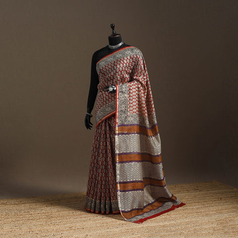 Chanderi silk hand bagru saree with zari border 05