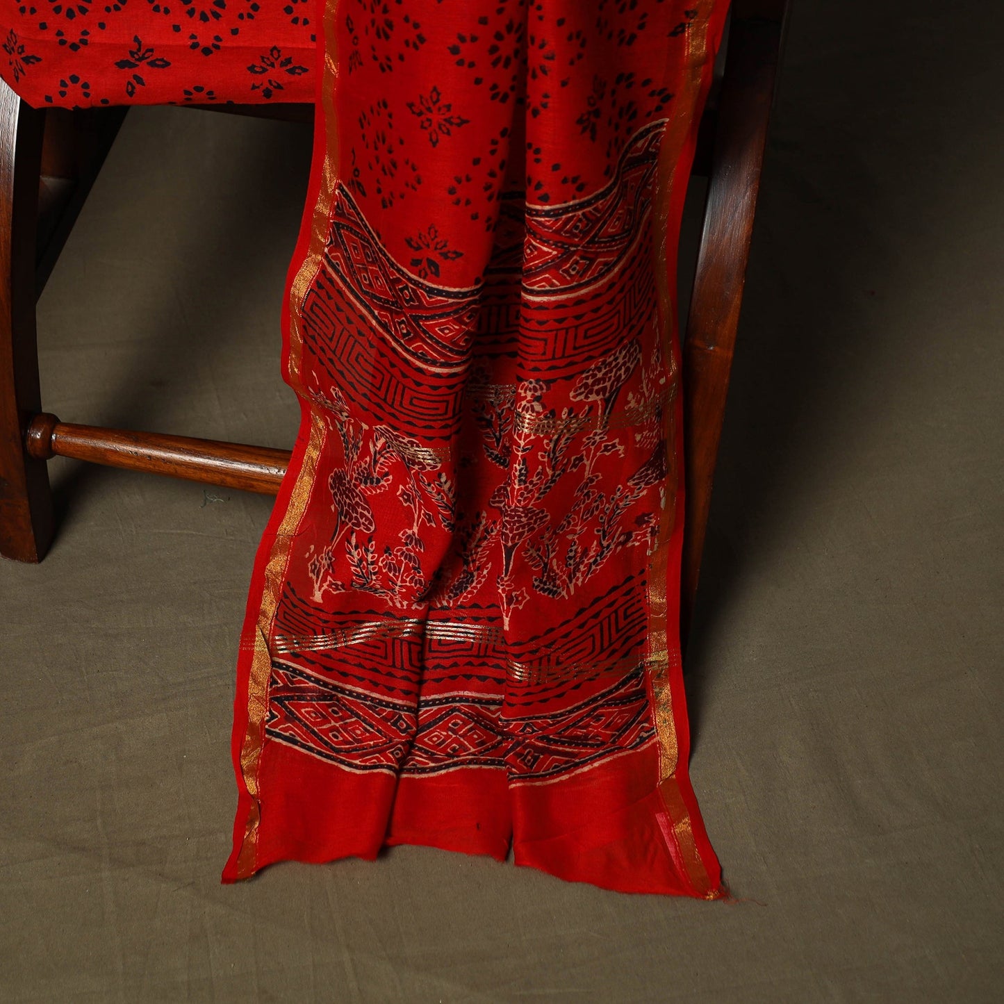 Chanderi silk hand block ajrakh print 3pc unstitched dress