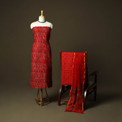Chanderi silk hand block ajrakh print 3pc unstitched dress
