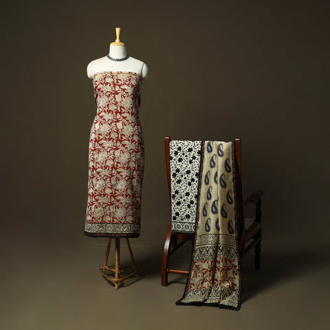 Chanderi silk hand block bagru print 3pc unstitched dress