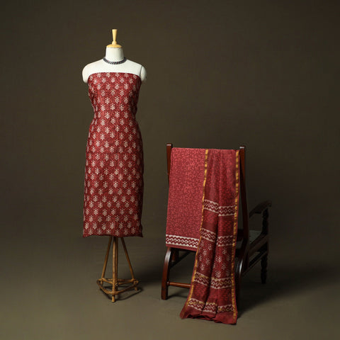 Chanderi silk hand block bagru print 3pc unstitched dress
