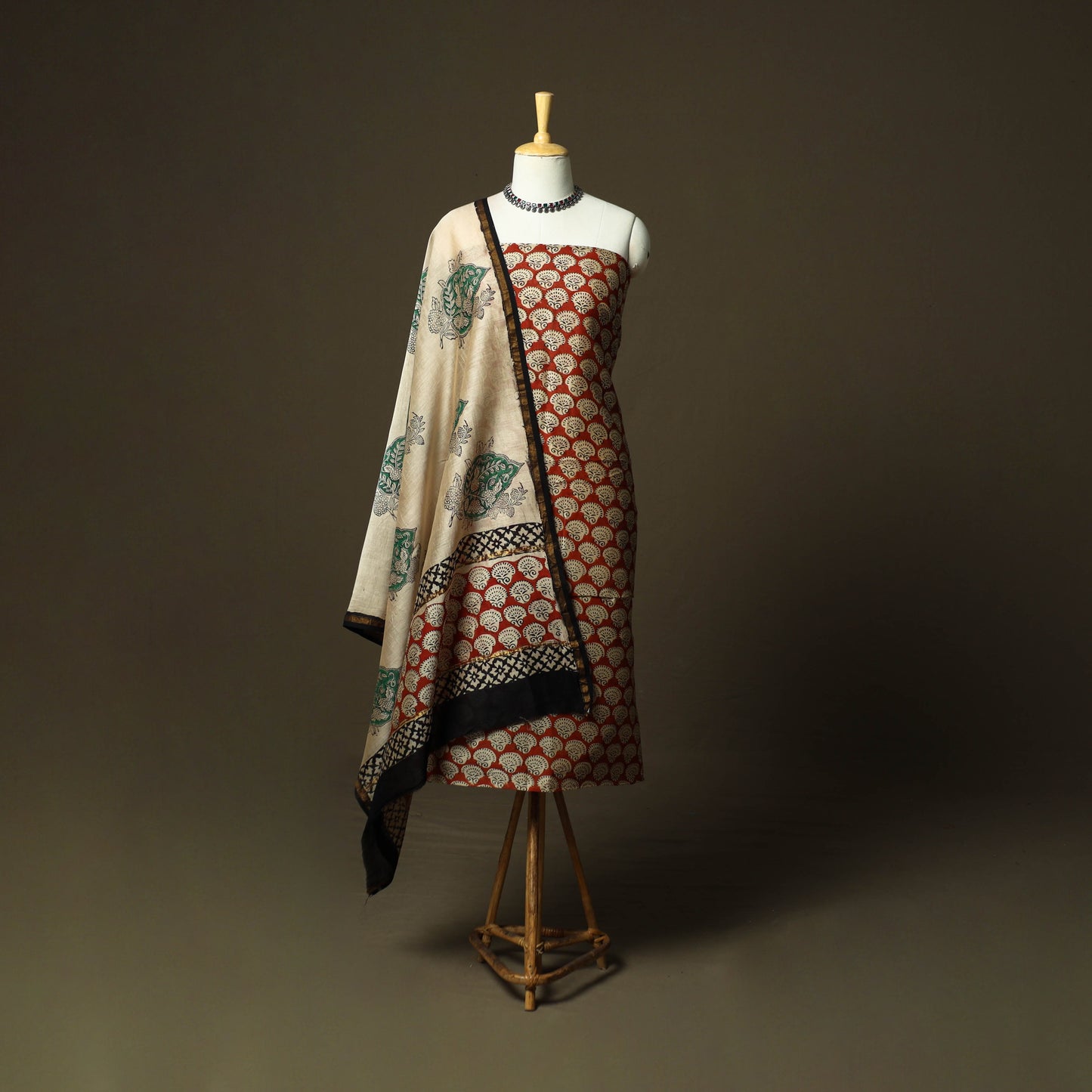 Chanderi silk hand block bagru print 3pc unstitched dress