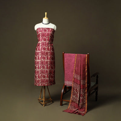 Chanderi silk hand block bagru print 3pc unstitched dress
