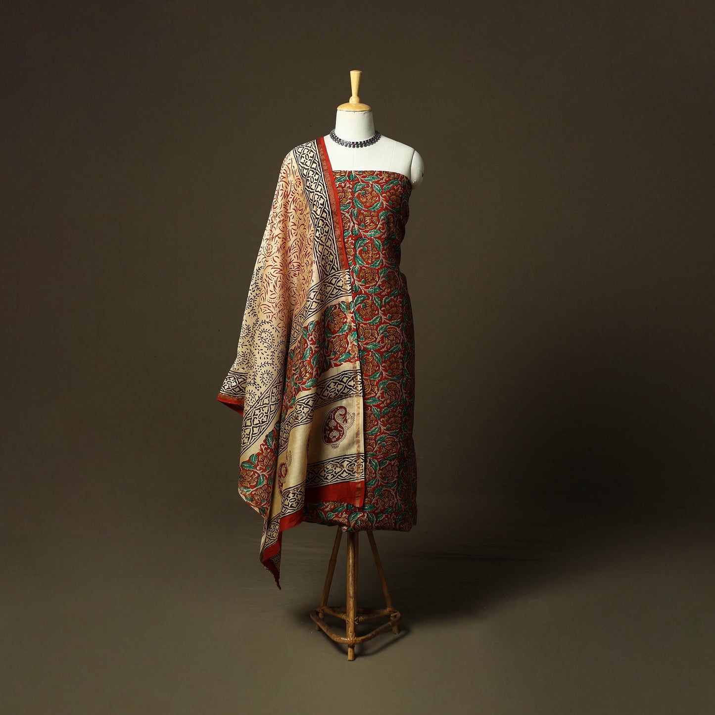 Chanderi silk hand block bagru print 3pc unstitched dress