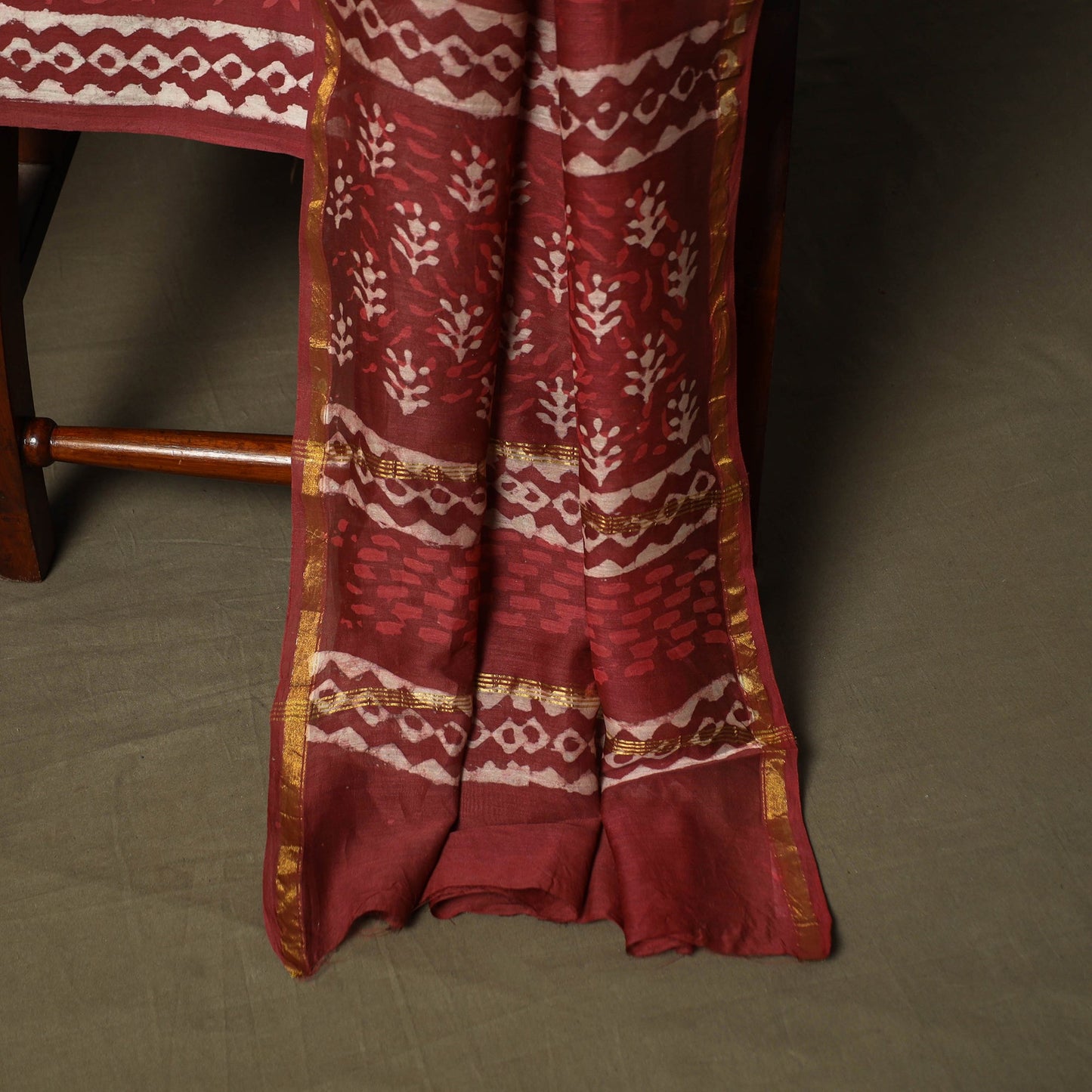 Chanderi silk hand block bagru print 3pc unstitched dress